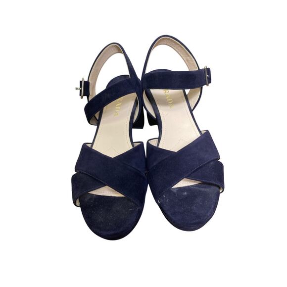 NWOB Prada Navy Blue Velvet Platform Sandel with 3" Chunky Heel Sz 38 - Picture 1 of 4